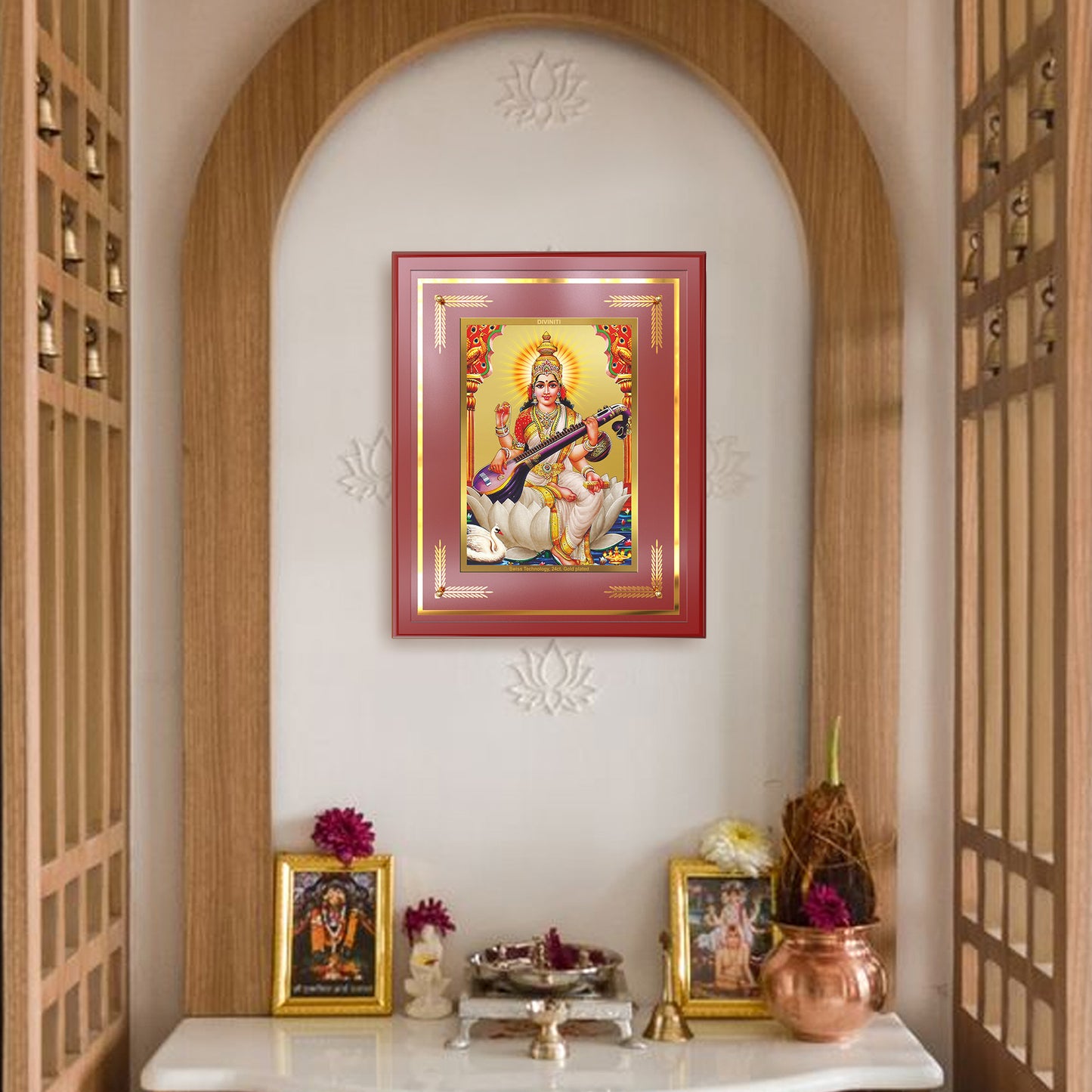 Goddess Saraswati | Divine Mother of Wisdom & Arts Wall Mount Photo Frame in 24K Gold Plated Foil