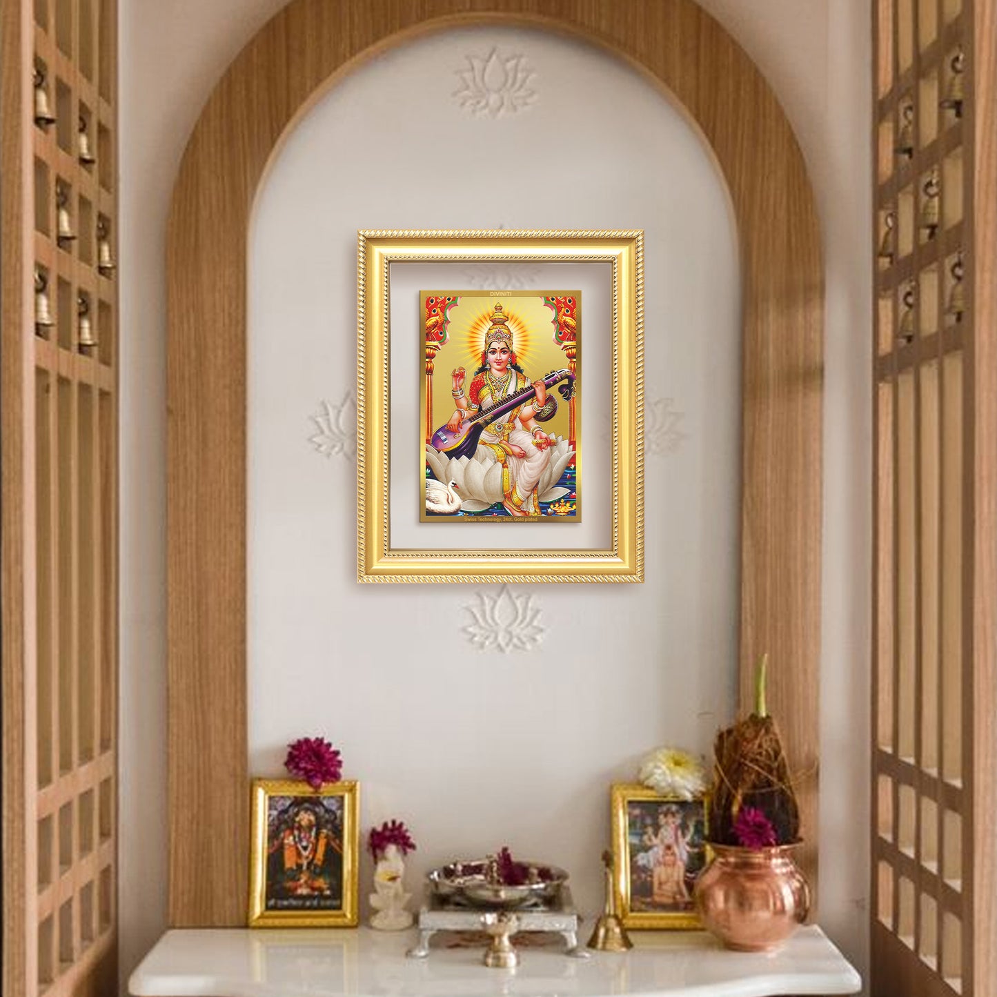 Goddess Saraswati | Divine Mother of Wisdom & Arts Wall Mount Photo Frame in 24K Gold Plated Foil