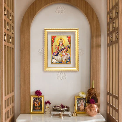 Goddess Saraswati | Divine Mother of Wisdom & Arts Wall Mount Photo Frame in 24K Gold Plated Foil