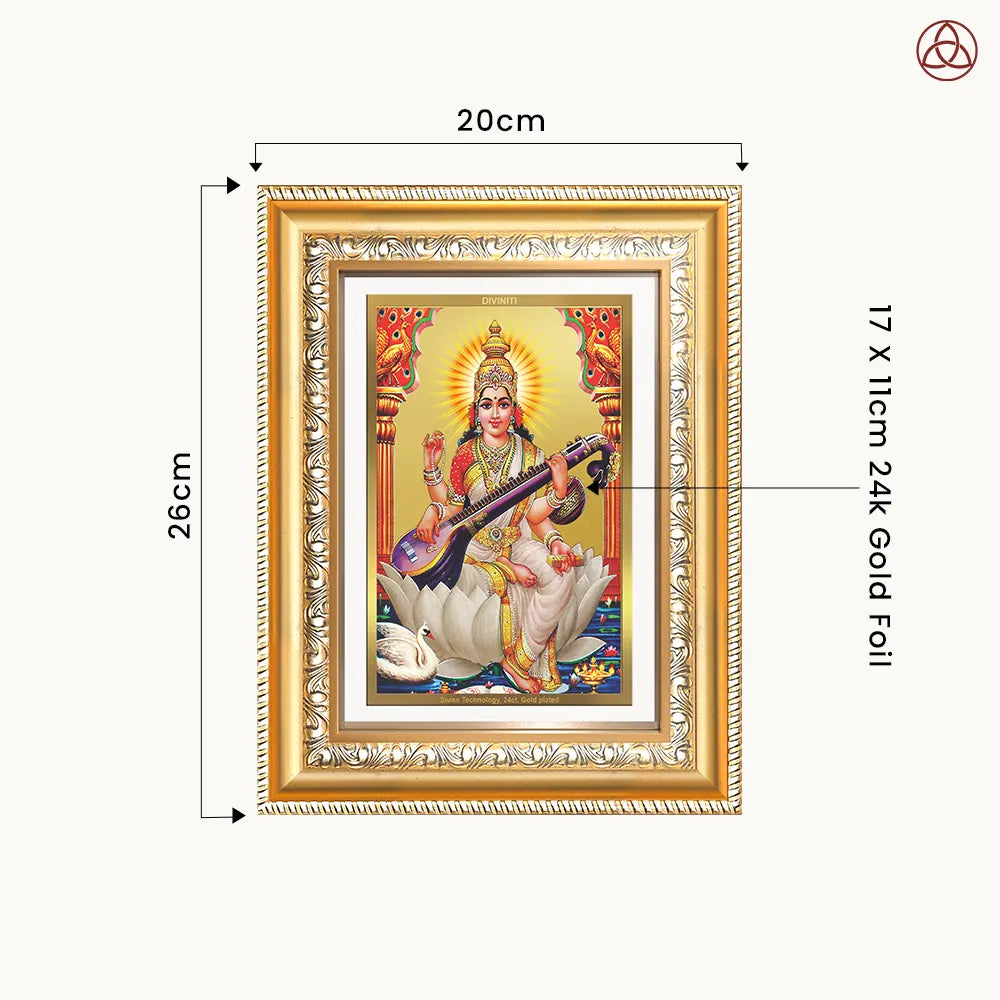 Goddess Saraswati | Divine Mother of Wisdom & Arts Wall & Tabletop Photo Frame in 24K Gold Plated Foil