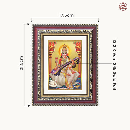 Goddess Saraswati | Divine Mother of Wisdom & Arts Wall & Tabletop Photo Frame in 24K Gold Plated Foil