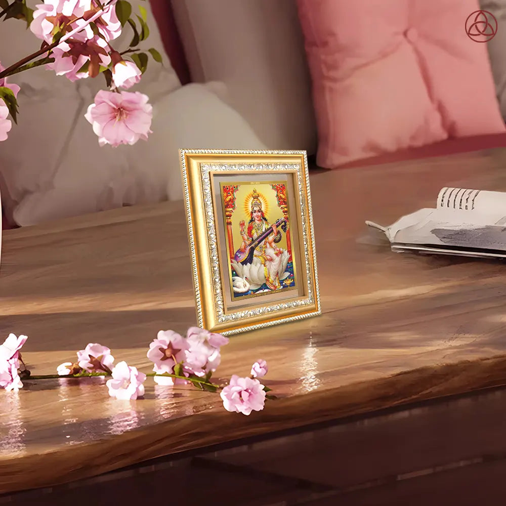Goddess Saraswati | Divine Mother of Wisdom & Arts Wall & Tabletop Photo Frame in 24K Gold Plated Foil