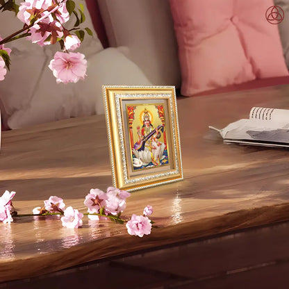 Goddess Saraswati | Divine Mother of Wisdom & Arts Wall & Tabletop Photo Frame in 24K Gold Plated Foil