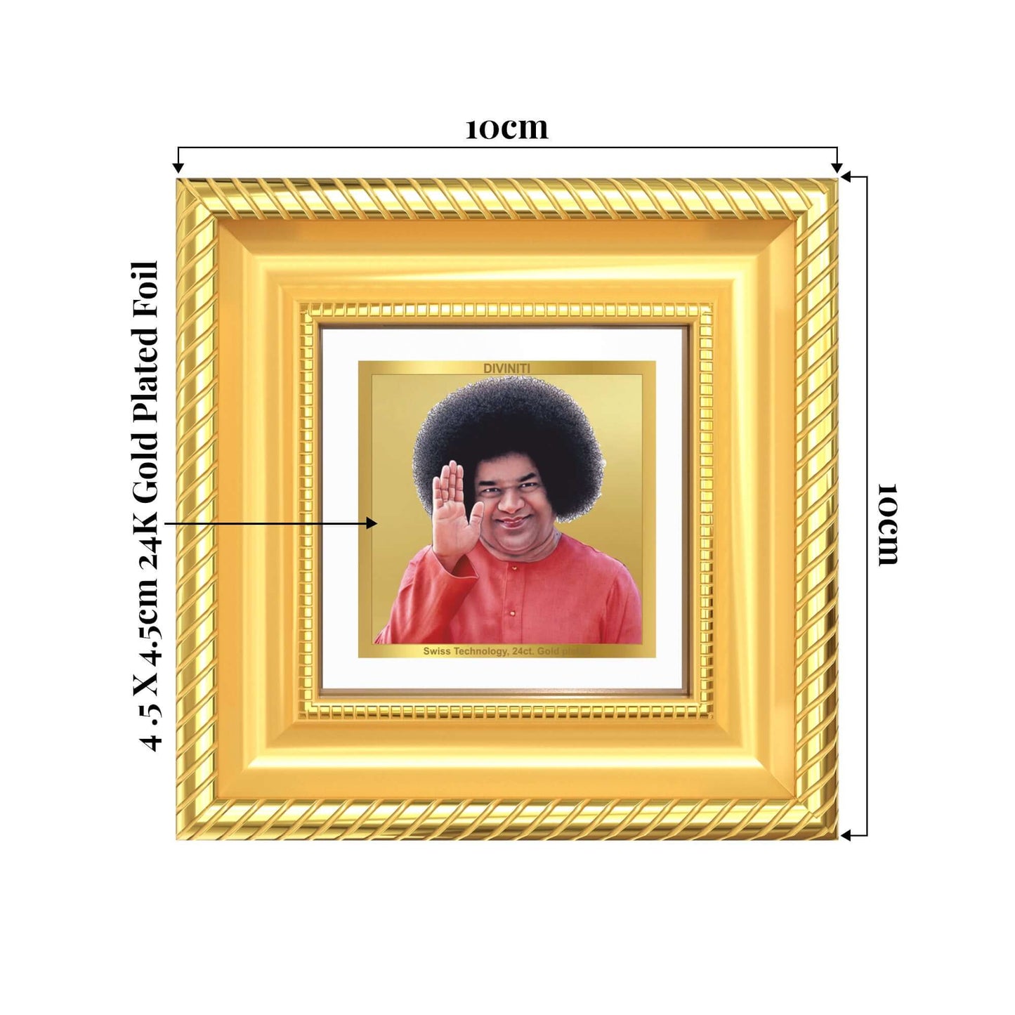 Sathya Sai Baba Tabletop Frame in 24K Gold Plated Foil showing product dimensions, ideal for spiritual décor and devotional gifting.