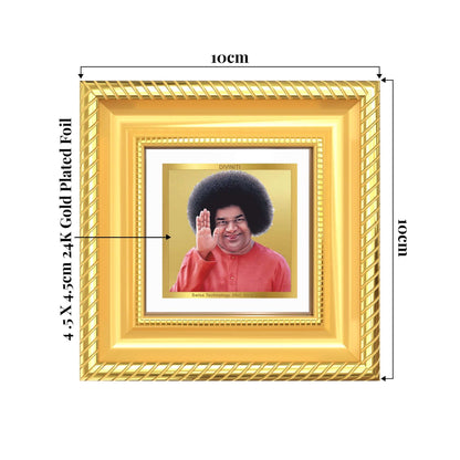 Sathya Sai Baba Tabletop Frame in 24K Gold Plated Foil showing product dimensions, ideal for spiritual décor and devotional gifting.