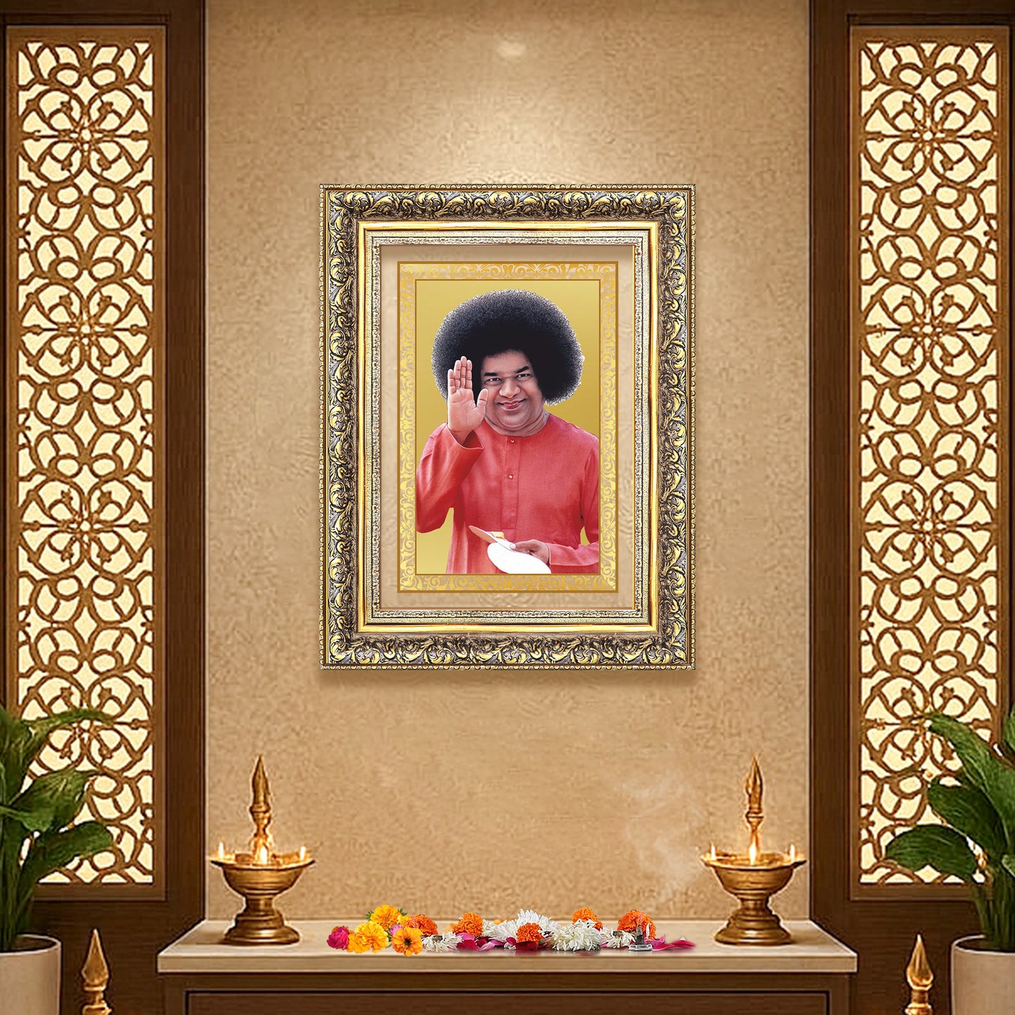 Sri Sathya Sai Baba | Avatar of Love and Universal Harmony Wall Mount Photo Frame in 24K Gold Plated Foil
