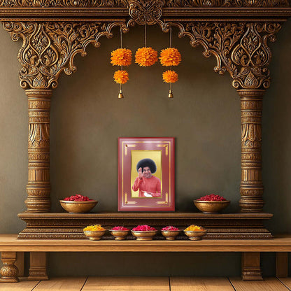 Sathya Sai Baba photo frame displayed in wooden home table