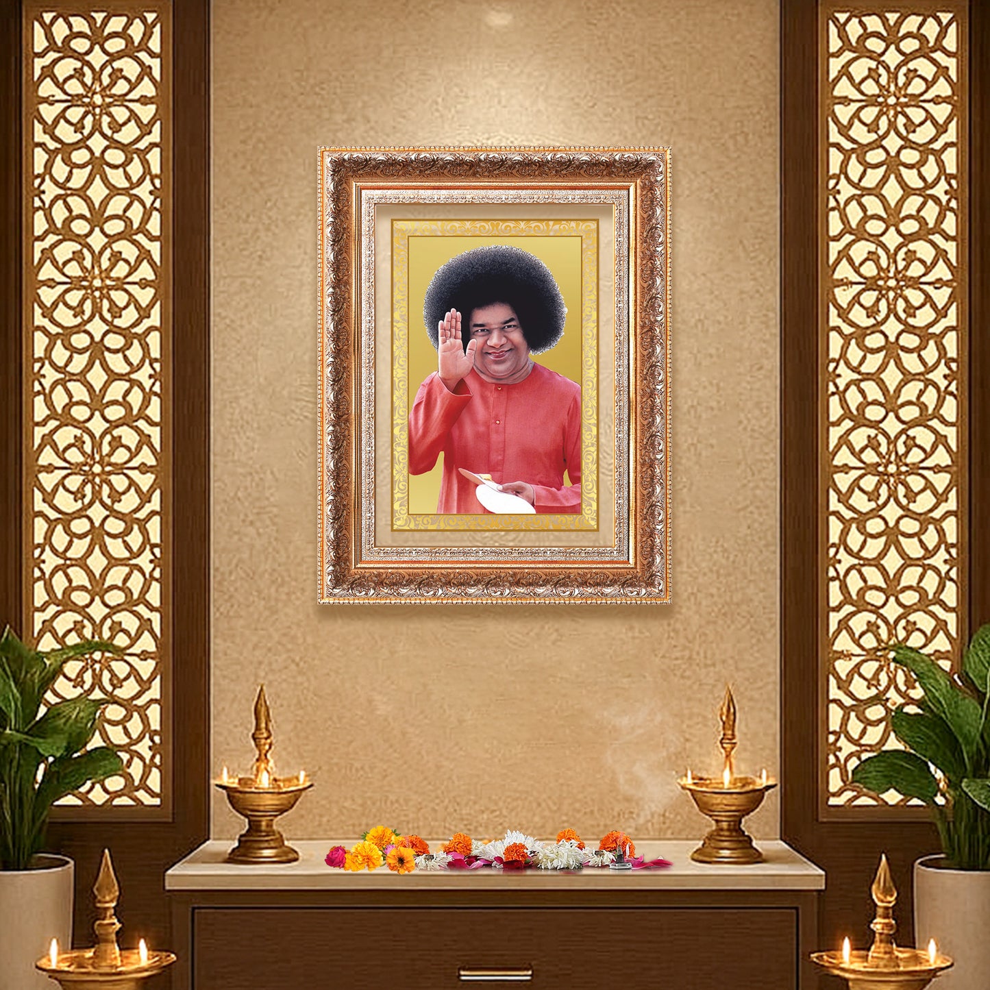 Sri Sathya Sai Baba | Avatar of Love and Universal Harmony Wall Mount Photo Frame in 24K Gold Plated Foil