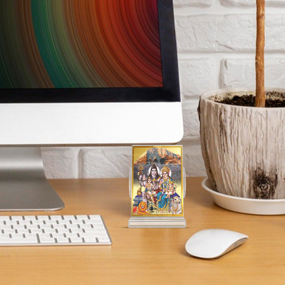 Diviniti 24K Gold Plated Shiv Parivar Frame For Car Dashboard, Home Decor, Tabletop, Puja Room, Gift (11 x 6.8 CM)