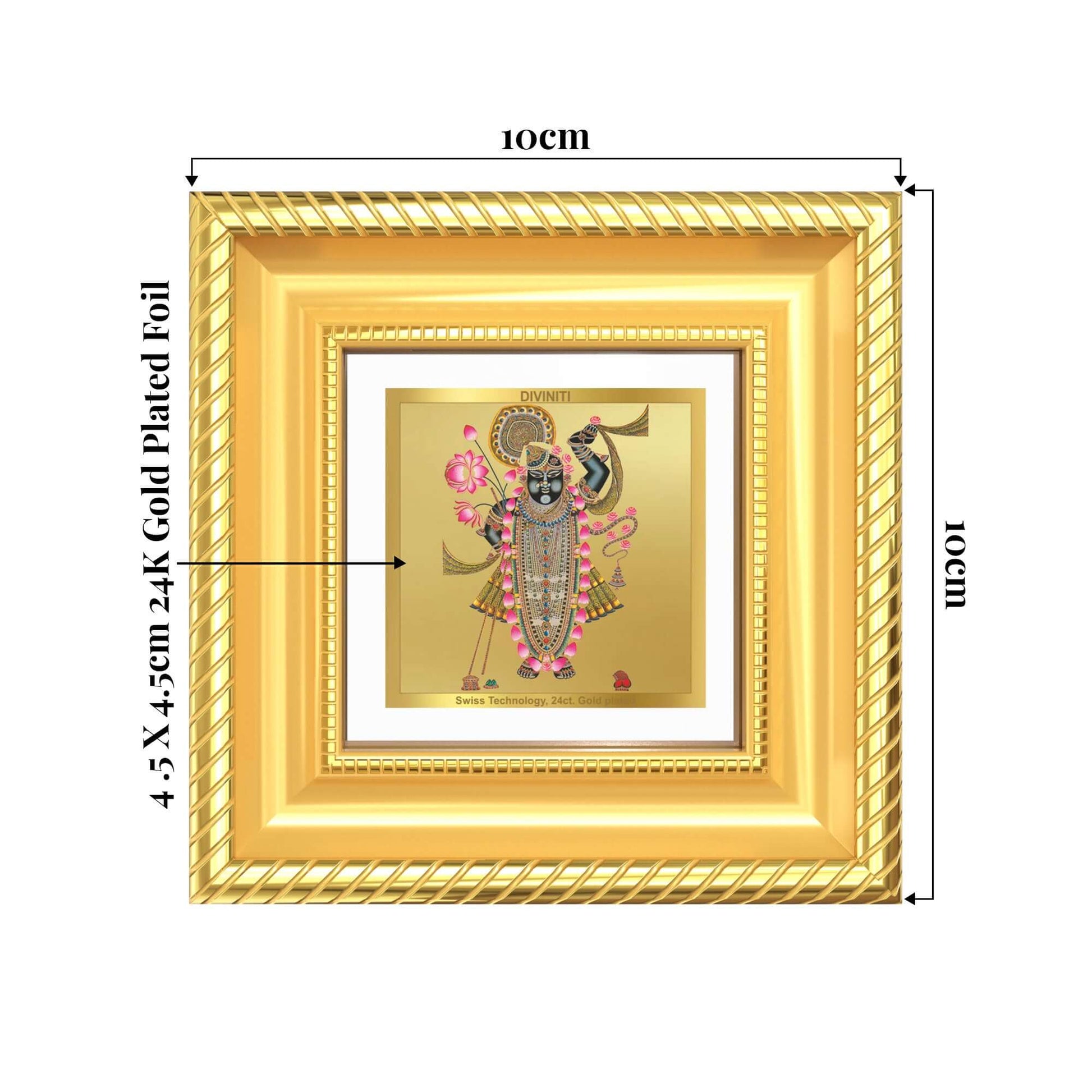 Lord Shrinathji Photo Frame in 24k gold plated foil showing dimensions