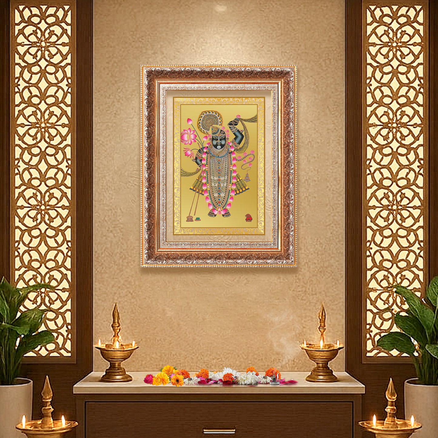 Lord Shrinathji | Divine form of Krishna from Nathdwara Wall Mount Photo Frame in 24K Gold Plated Foil