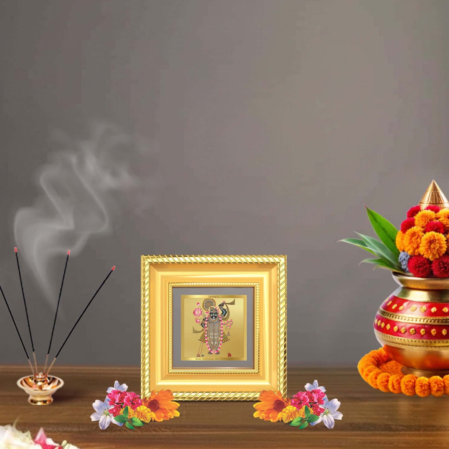Lord Shrinathji Photo Frame in 24k gold plated foil displayed in a beautifully decorated wooden wall shrine.