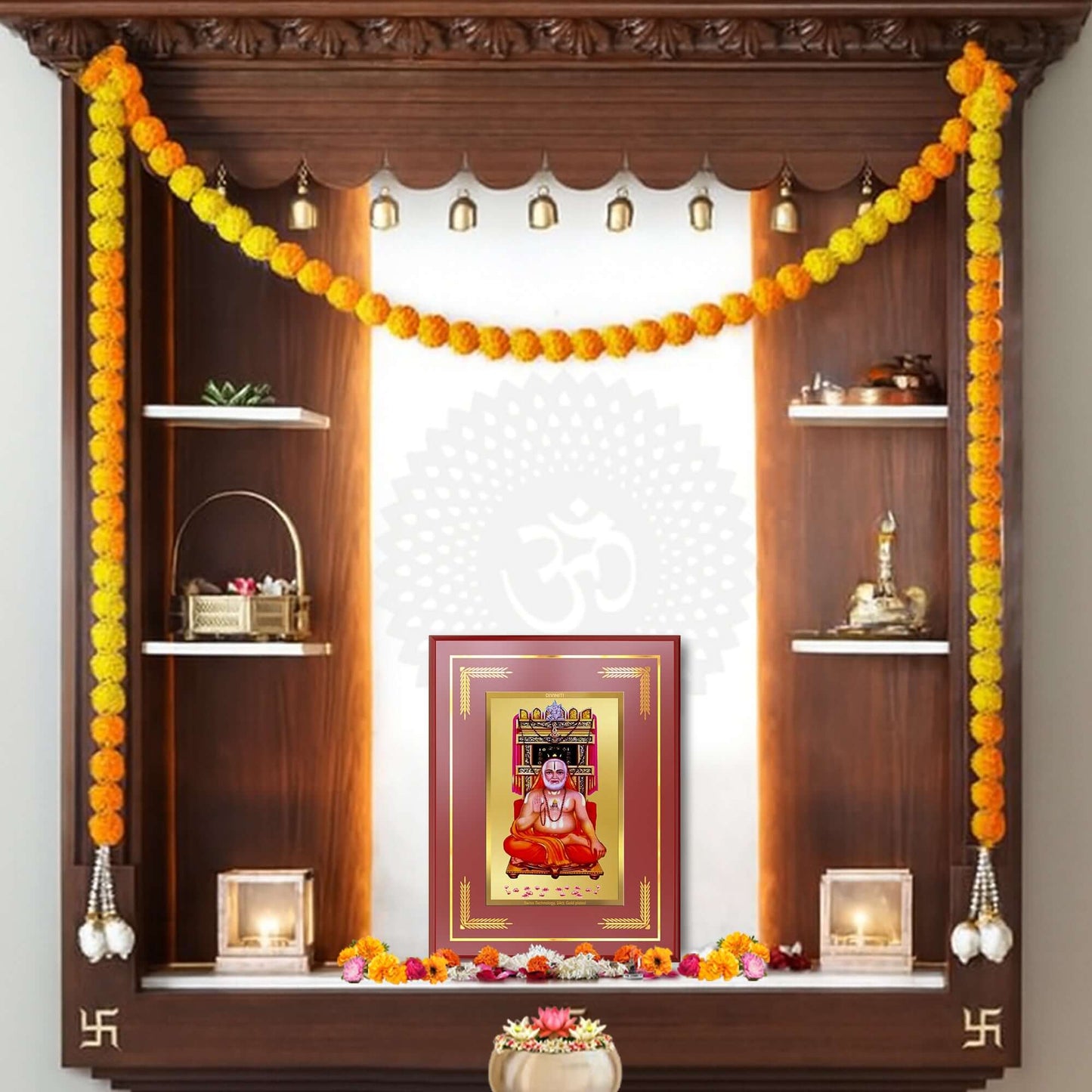 Sri Raghavendra Tirtha Swami Photo Frame Displayed on wooden wall shelf