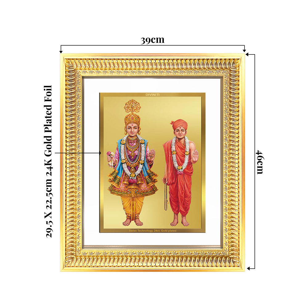 Lord Swaminarayan wall and tabletop frame in 24K gold plated foil, dimensions 29.5x22.5cm, spiritual decor.