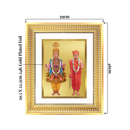 Lord Swaminarayan wall and tabletop frame in 24K gold plated foil, dimensions 29.5x22.5cm, spiritual decor.