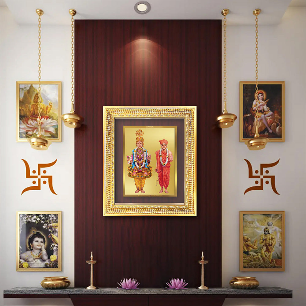 Lord Swaminarayan Wall & Tabletop Frame in 24K gold-plated foil displayed in a beautifully decorated altar.