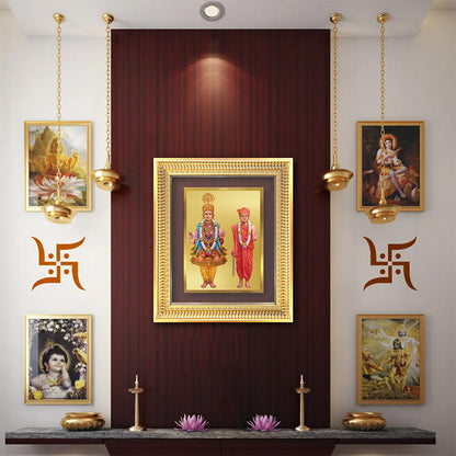 Lord Swaminarayan Wall & Tabletop Frame in 24K gold-plated foil displayed in a beautifully decorated altar.