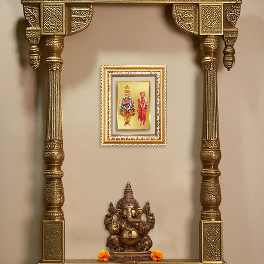 Lord Swaminarayan Photo Frame  in 24K Gold Plated Foil displayed on wall