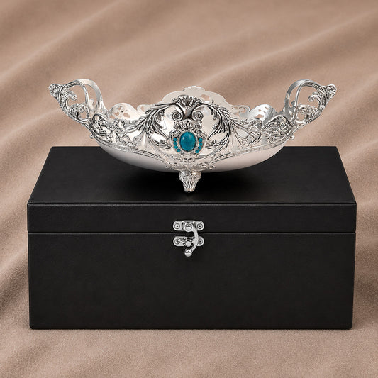 Diviniti German Silver Decorative Bowl with Turquoise Stone Accent & Luxury Gift Box displayed on soft fabric.