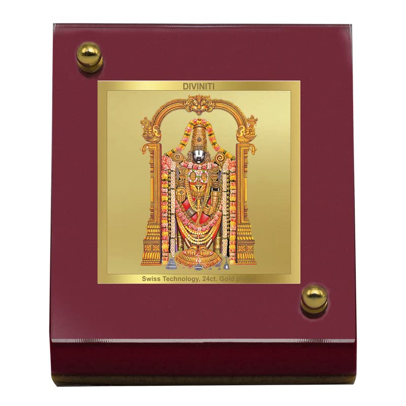Diviniti 24K Gold Plated Tirupati Balaji Frame For Car Dashboard, Home Decor and Puja (MDF 1B) (6.5 x 5.5 CM)