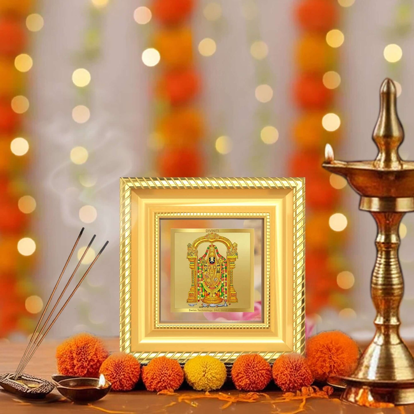 Diviniti Lord Tirupati Balaji (Sri Venkateswara) Tabletop Frame in 24K Gold Plated Foil | Prosperity, Protection & Divine Blessings | DG015S1A (10x10 CM)