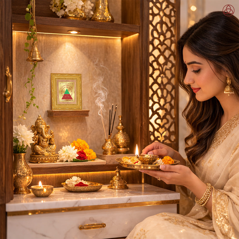 Woman performing a prayer ritual with Vahan Durghtna Yantra in a sacred home altar setting, featuring gold decor and traditional offerings.