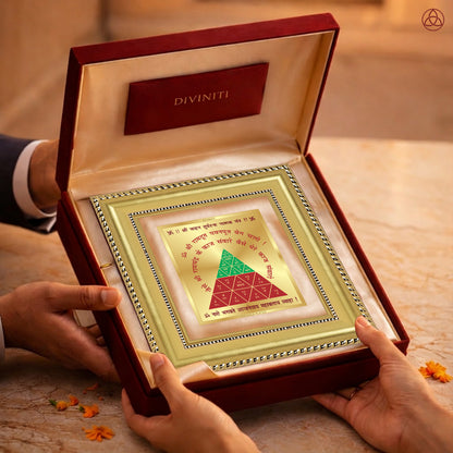 Vahan Durghtna Yantra presented in an elegant box, showcasing sacred planetary symbols, perfect for harmony and prosperity.