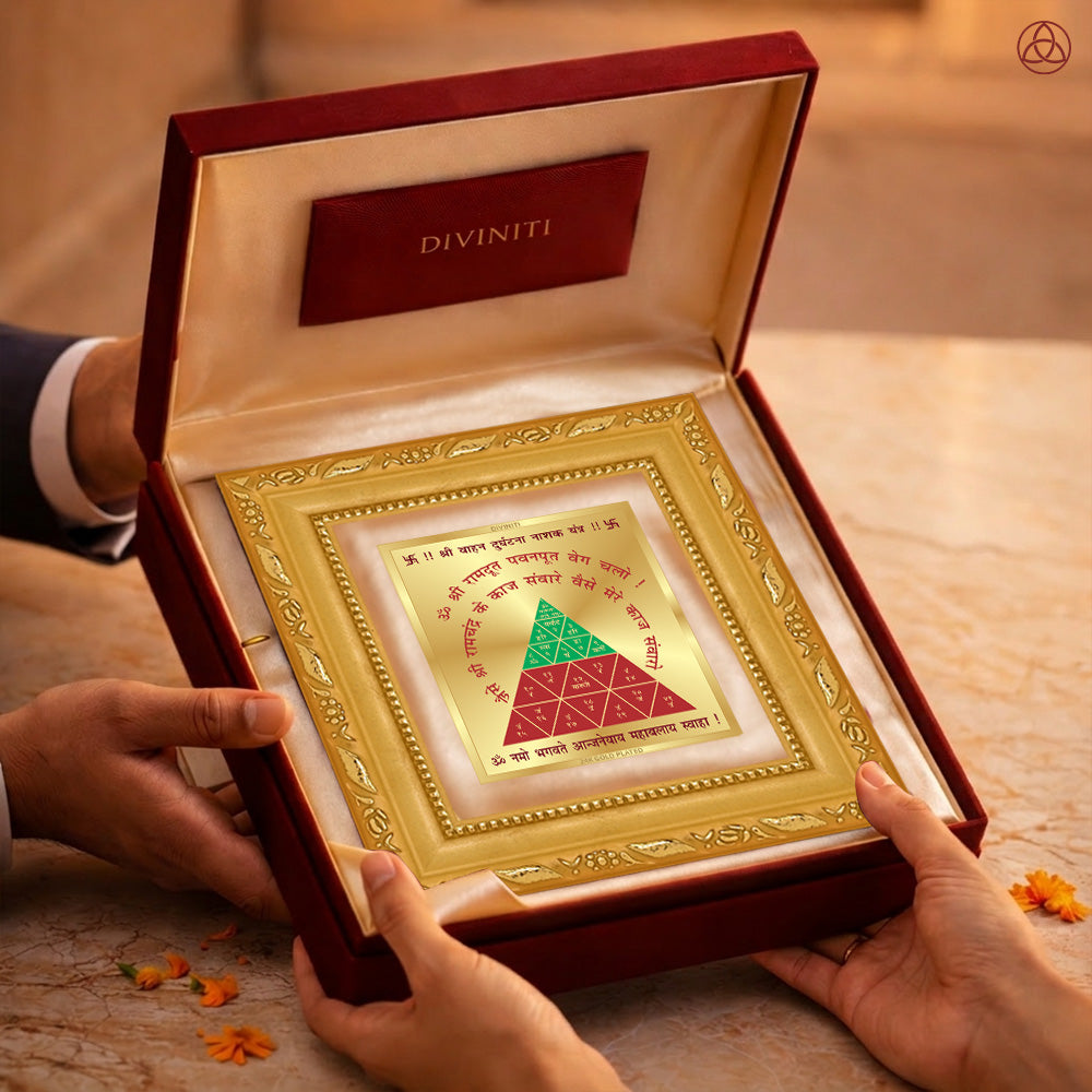 Vahan Durghtna Yantra presented in an elegant box, showcasing sacred planetary symbols, perfect for harmony and prosperity.