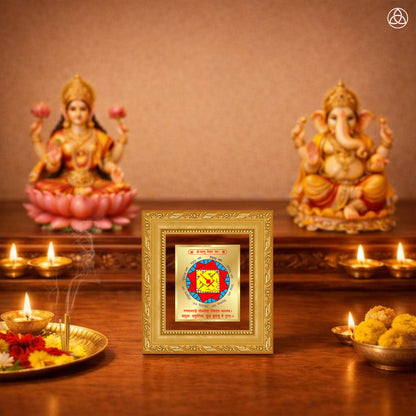 Vastudosh Nivaran Yantra displayed on a decorated altar with candles and idols of Hindu deities for spiritual harmony.