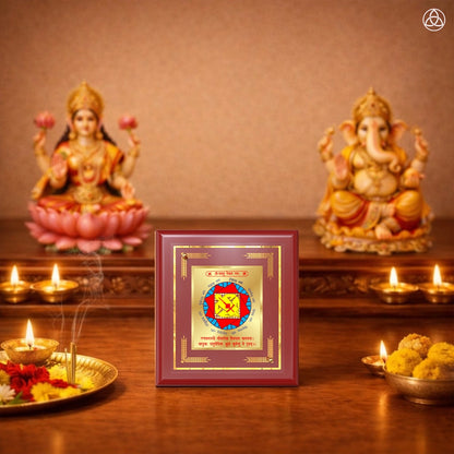 Vastudosh Nivaran Yantra displayed on a decorated altar with candles and idols of Hindu deities for spiritual harmony.