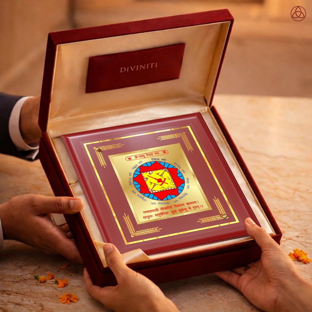 Vastudosh Nivaran Yantra presented in an elegant box, showcasing sacred planetary symbols, perfect for harmony and prosperity