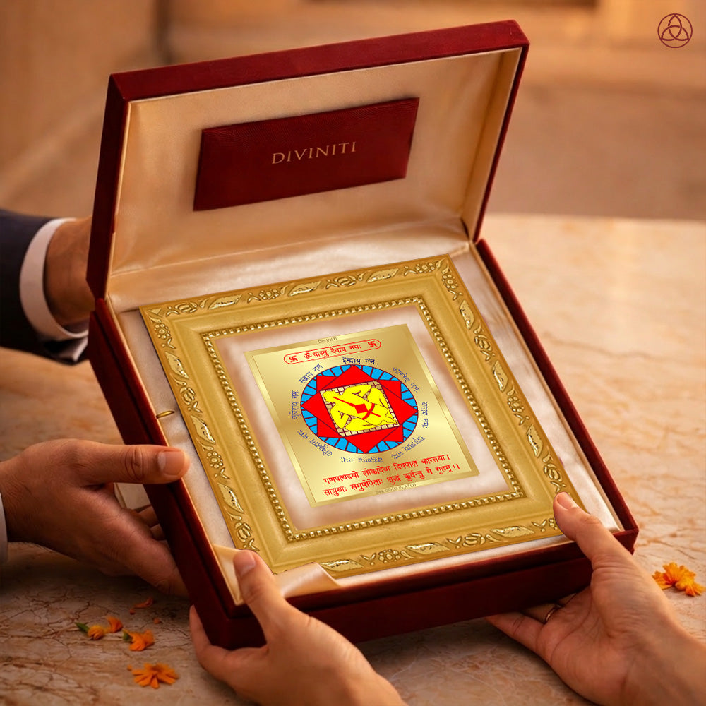 Vastudosh Nivaran Yantra presented in an elegant box, showcasing sacred planetary symbols, perfect for harmony and prosperity