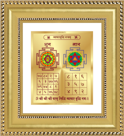 Vyapar Vriddhi Yantra framed in 24K gold plated foil, symbolizing balance of planetary energies and harmony.