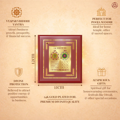 Vyapar Vriddhi Yantra | Sacred Business Growth Frame in 24K Gold Plated Foil showcasing divine protection and auspicious gifts.