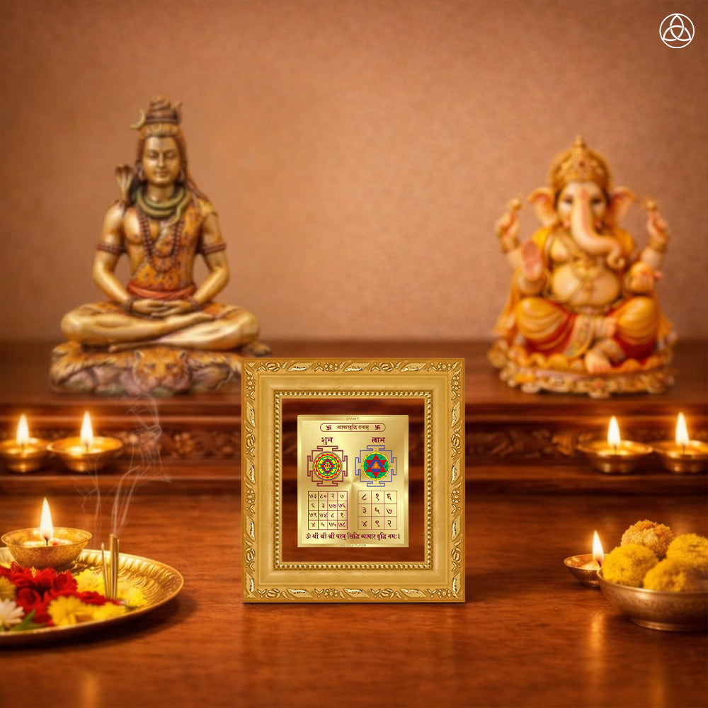  Vyapar Vriddhi Yantra displayed on a decorated altar with candles and idols of Hindu deities for spiritual harmony.