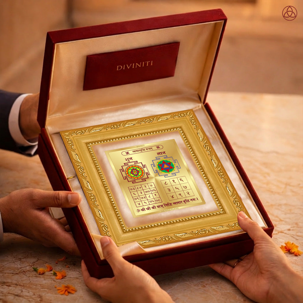 Vyapar Vriddhi Yantra showcased in an elegant gift box, symbolizing business growth and prosperity.