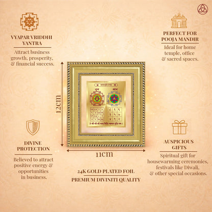Vyapar Vriddhi Yantra | Sacred Business Growth Frame in 24K Gold Plated Foil showcasing divine protection and auspicious gifts.