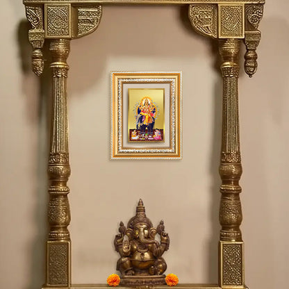 Lord Vishwakarma photo frame in 24k gold plated foil displayed on wall