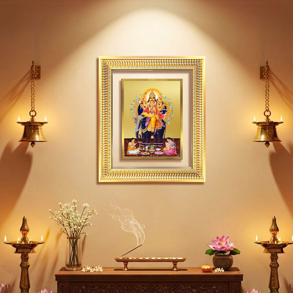 Lord Vishwakarma Wall & Tabletop Frame in 24K gold-plated foil displayed in a beautifully lit setting.