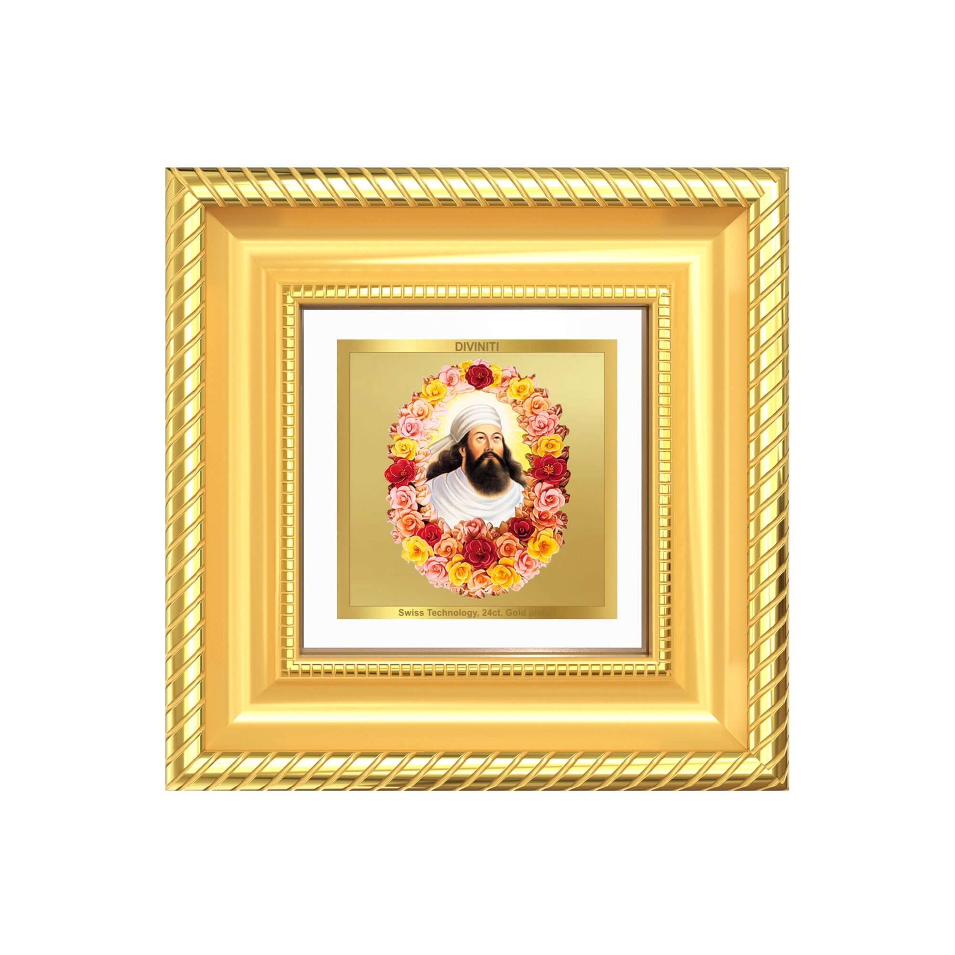 Zoroaster Tabletop Frame in 24K gold plated foil surrounded by flowers, depicting the prophet of light and righteousness.