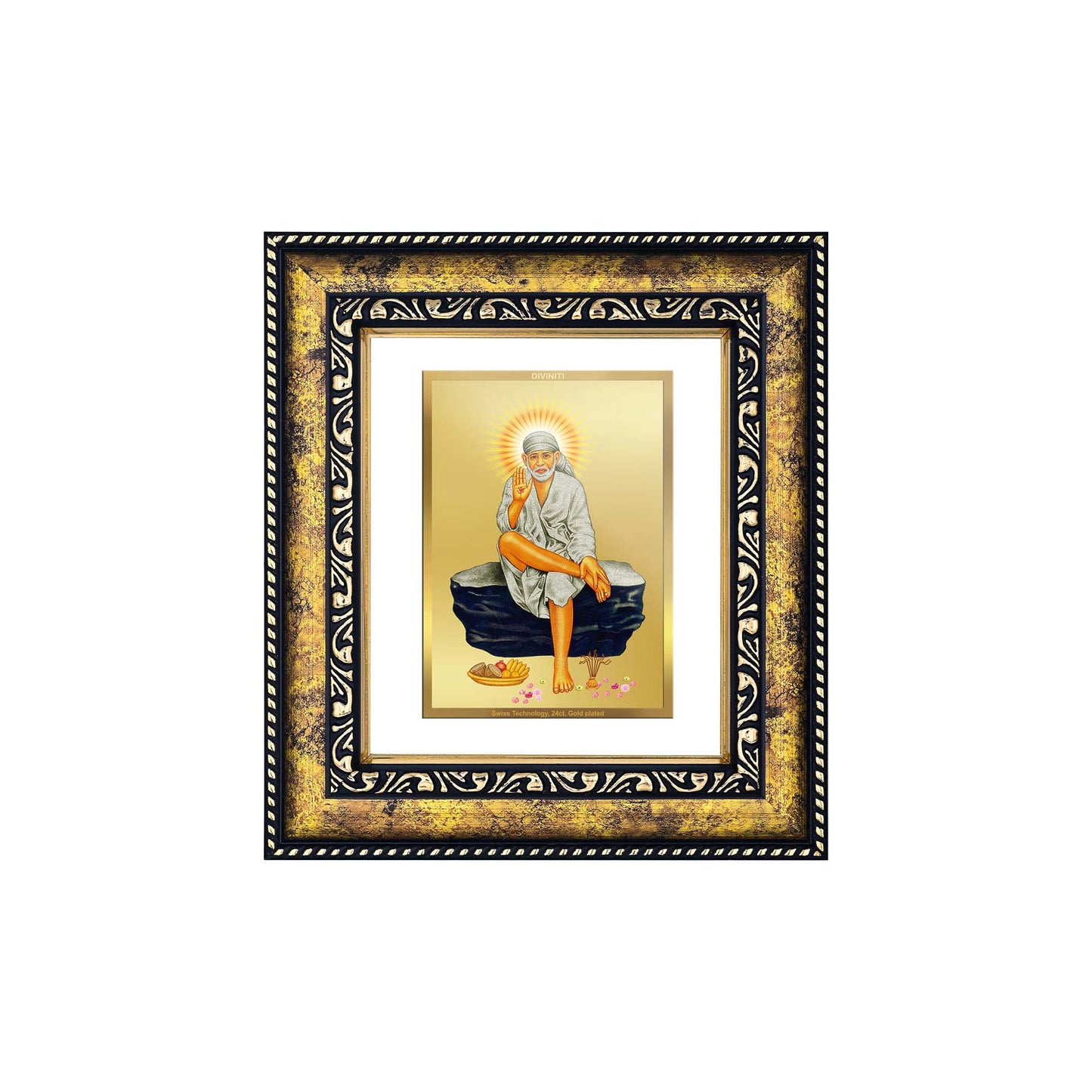 DIVINITI 24K Gold Plated Sai Baba Modern Photo Frame Idol for Wall Hanging, Workshop, Table Top, Home Decor, Luxury Gift|DG113 Size 2 (22.6x18.4 CM)