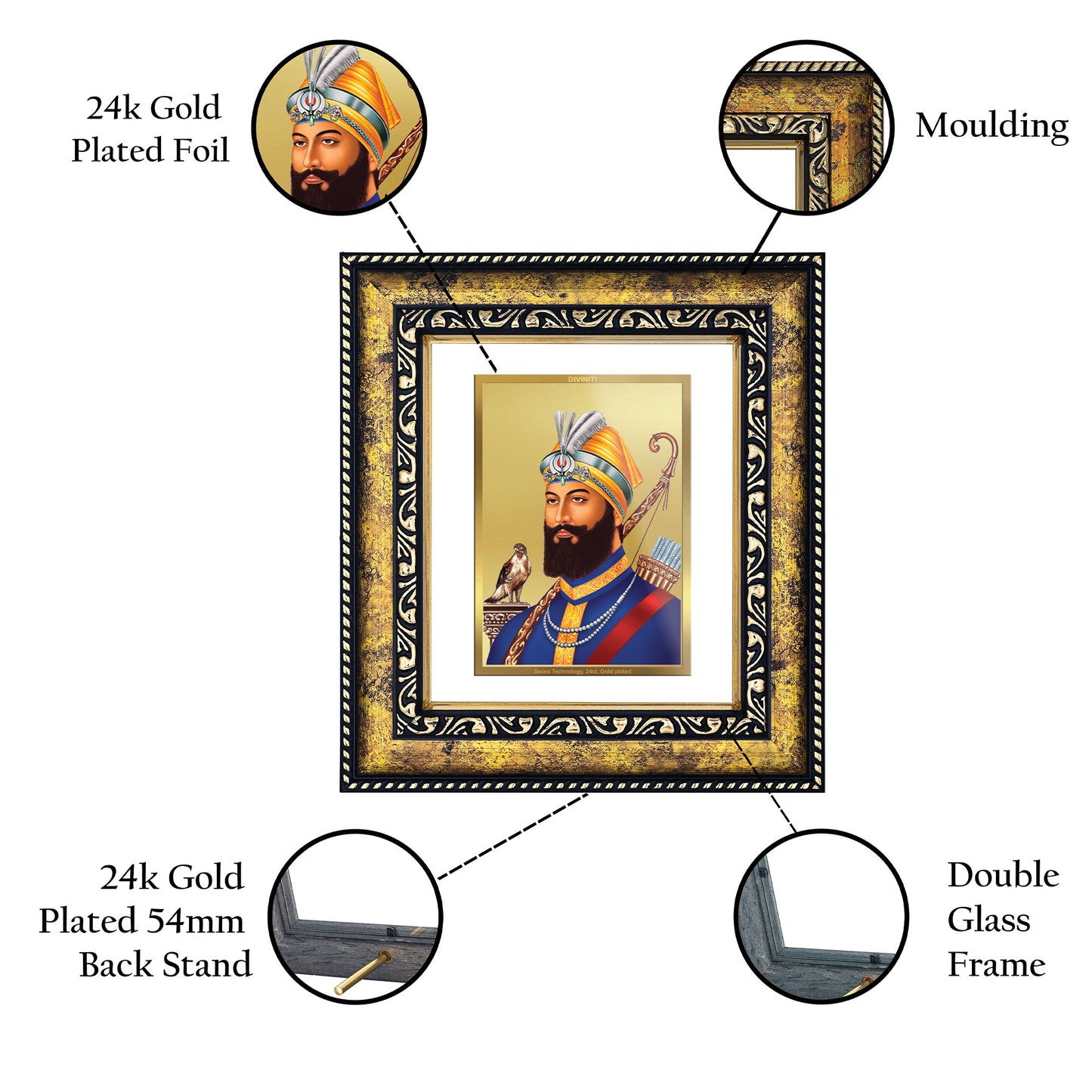 DIVINITI 24K Gold Plated Foil Guru Gobind Singh Ji Photo Frame for Wall Hanging, Workshop, Table Top, Home Decor, Gift|DG113 Size 2 (22.6x18.4 CM)