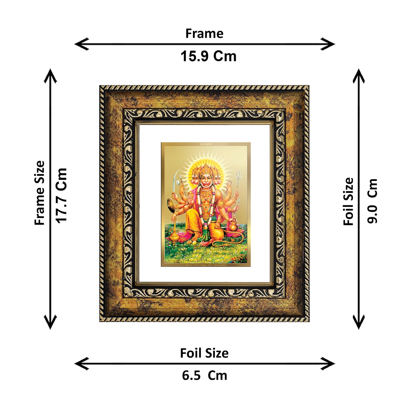DIVINITI 24K Gold Plated Foil Panchmukhi Hanuman Wall Photo Frame, Table Decor for Home & Office Decor Gift Items DG 113 Size 1 (17.7x15.9 CM)