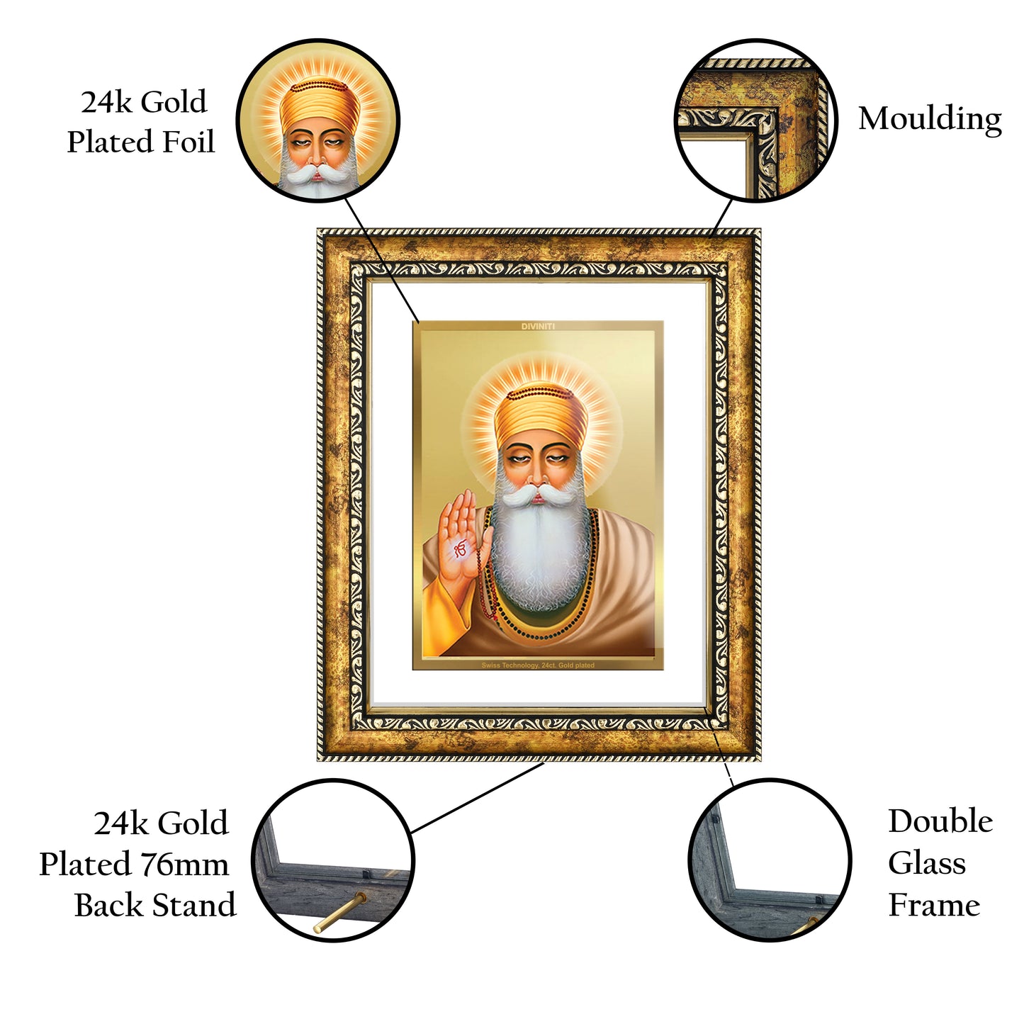 DIVINITI 24K Gold Plated Guru Nanak Dev Ji Wall Photo Frame for Home Decor, Wall Hanging, Table Top, Puja Room & Gift DG113S3 (27.6X35.4 CM)