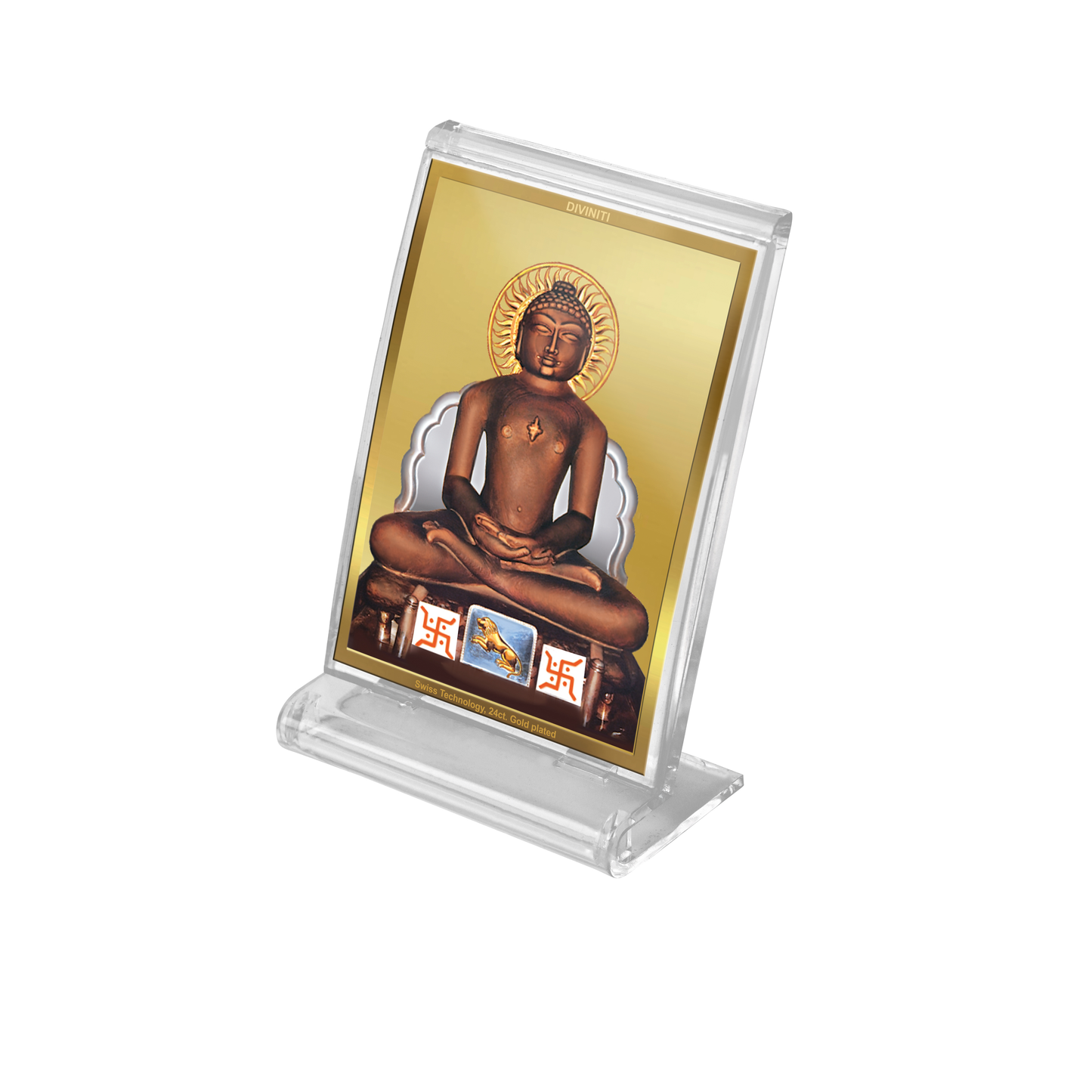 DIVINITI 24K Gold Plated Lord Mahavir Frame For Car Dashboard, Home Decor, Tabletop and Gift (ACF 3)(11 x 6.8 CM)