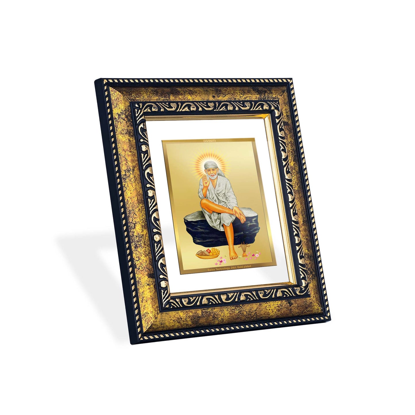 DIVINITI 24K Gold Plated Sai Baba Modern Photo Frame Idol for Wall Hanging, Workshop, Table Top, Home Decor, Luxury Gift|DG113 Size 2 (22.6x18.4 CM)