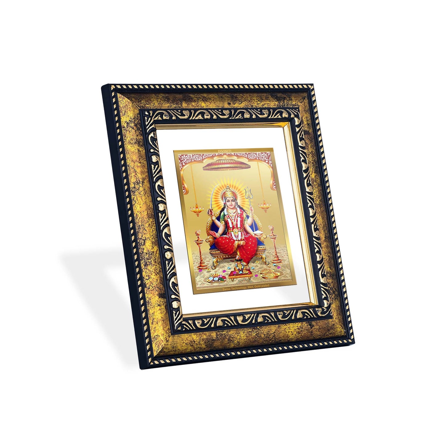 DIVINITI 24K Gold Plated Santoshi Mata Premium Photo Frame Idol for Puja Room, Home Wall Decor, Workshop, Table Top, Premium Gift|DG113 Size 2 (22.6x18.4 CM)