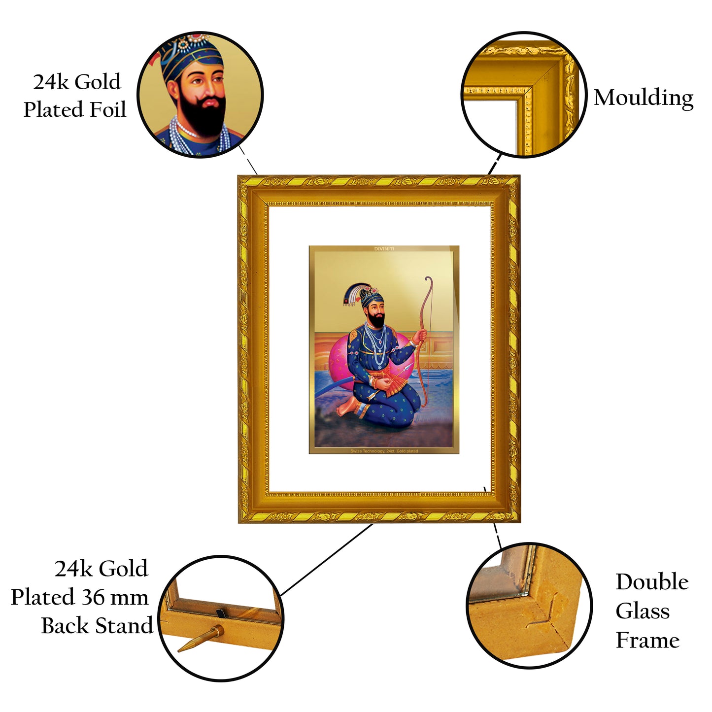 DIVINITI 24K Gold Plated Foil Guru Gobind Singh Ji's Photo Frame for Home & Office Decor, Wall Hanging, Workshop, Table Top, Gift|DG103 Size 2 (22.6x18.4 CM)