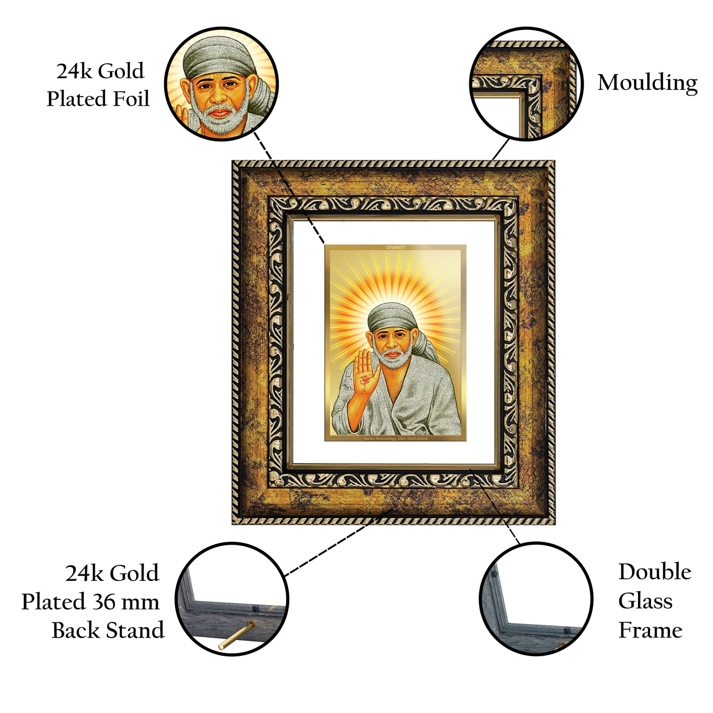 DIVINITI 24K Gold Plated Foil Shirdi Sai Baba Wall Photo Frame, Table Decor for Home & Office Decor Gift Items DG 113 Size 1 (17.7x15.9 CM)