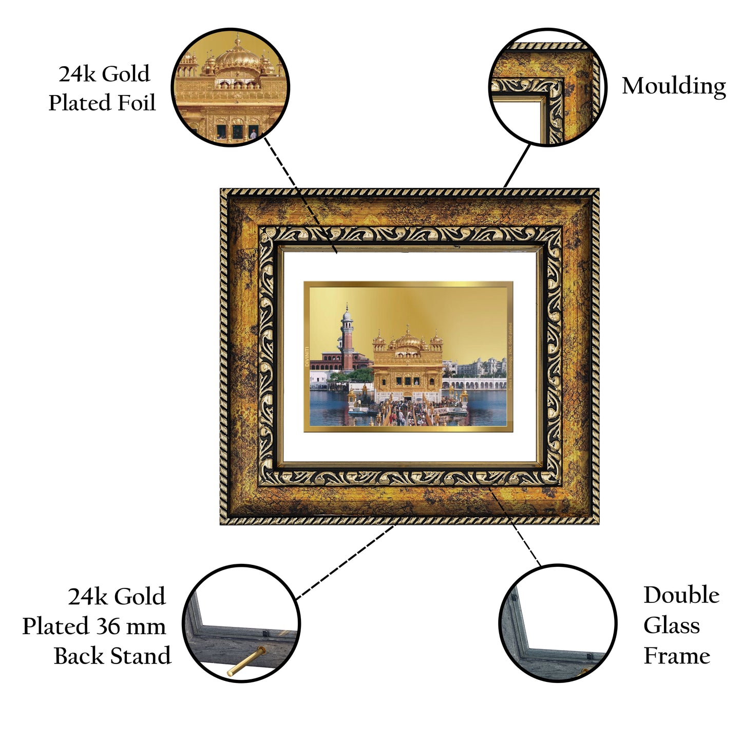 DIVINITI 24K Gold Plated Foil Sachkhand Shri Darbar Sahib (Golden Temple) Wall Photo Frame, Table Decor for Home & Office Decor Gift Items DG 113 Size 1 (17.7x15.9 CM)